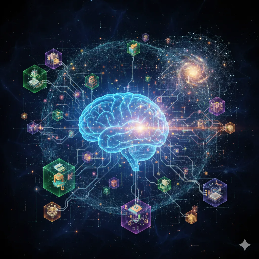 An abstract illustration of a digital brain surrounded by scattered, incorrect information, with a glowing pathway connecting it to an organized, truthful library of data, representing RAG.